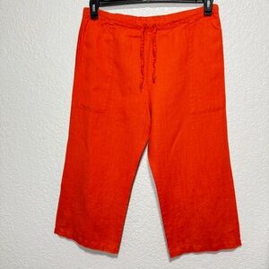 Chico’s Design 100% Linen Orange Pull On Drawstring Pants Size 1 Medium Wide Leg